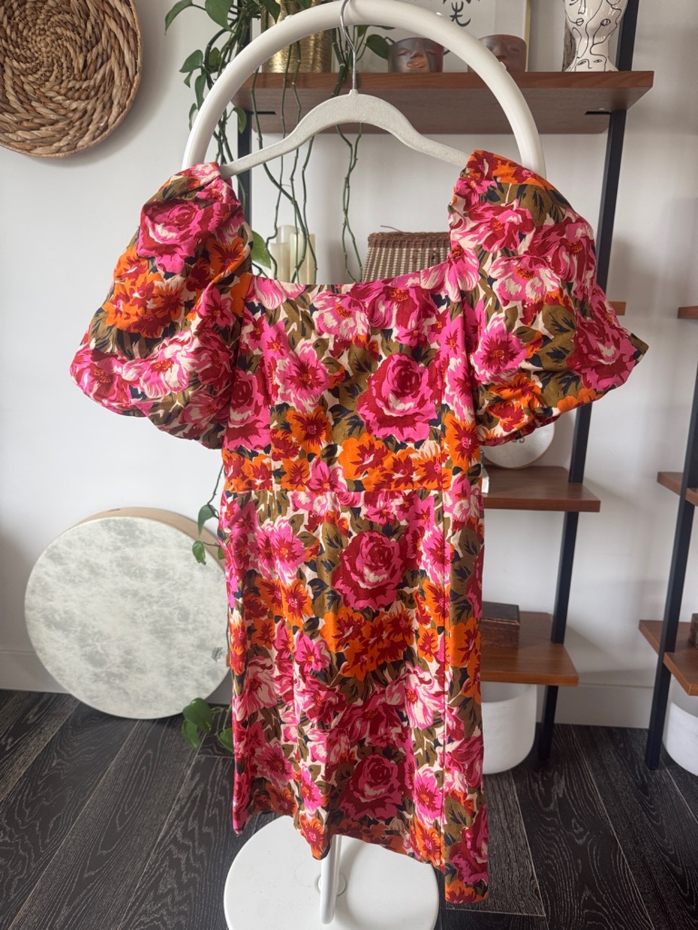 Sezane Floral Puff-Sleeve Mini Dress in Pink and Orange